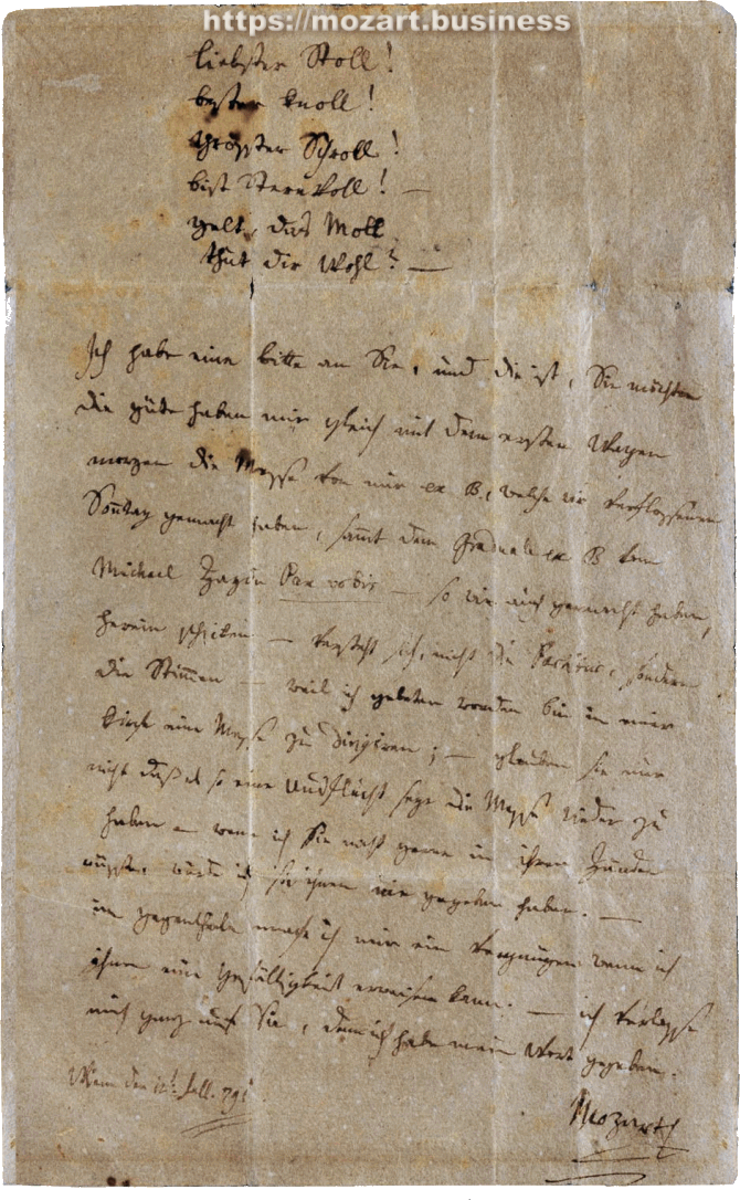 Letter by Wolfgang Amadé Mozart to Anton Stoll Letter by Wolfgang Amadé Mozart to Anton Stoll